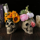 2808BA Skull Head Sculpture with Flower Halloween Decor Party Supply Skull Bone Table Decors Seasonal Decor Haunted House Layout Model