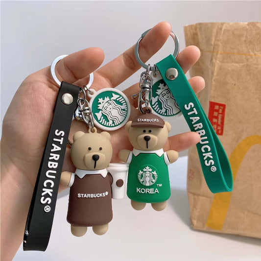 Wholesale Keychain Rubber Bear With Coffee  Heavy PVC with dual attachments. Vibrant colors with wrist strap. Individually wrapped