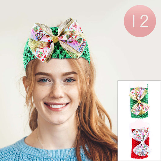 Christmas Tree Snowman Printed Bow Accented Headbands (Sold by DZ=$23.99)