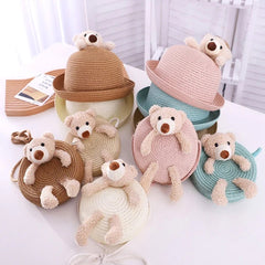 Wholesale Little Girls Matching Bear Straw Hats & Shoulder Bag Set MOQ -12 pcs