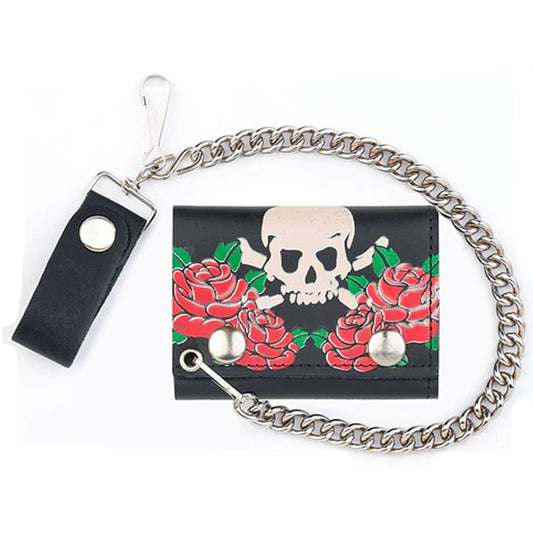 Wholesale Skull and Roses Trifold Leather Wallets with Chain (Sold By - 6 Piece)