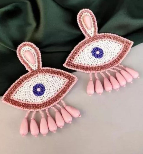 Free Ship, Pink Evil Eye Earrings, Brass Antique Color Beads and Earri –  PlumBazaar