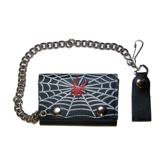 Wholesale Women's Red Spider Web Trifold Leather Wallet With Chain (MOQ-6)
