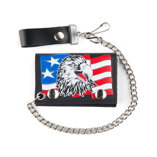 Wholesale USA Patriot Eagle Trifold Leather Wallet With Chain (MOQ-6)