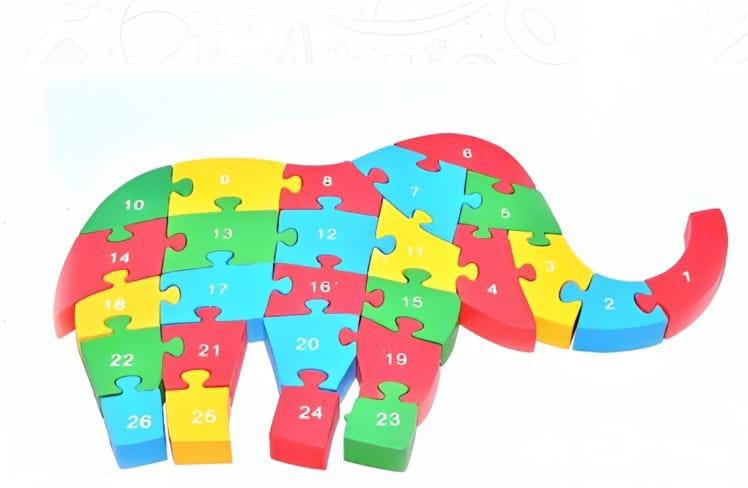 Crazy Crafts Wooden Elephant Shaped Puzzle 3D Learning Block Puzzle for Nursery Kids Numbers and Alphabets Identification Memory Building Multicolored Educational Toy