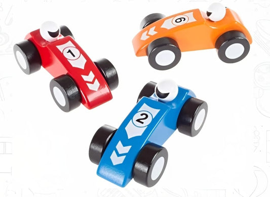 Toy Race Car Set Wooden Racecars with 3 Hand Painted Colorful Cars, Moving Wheels for Racing