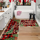 CF-82-Piece Christmas Kitchen Rug Set - Vibrant Red Truck and Buffalo Plaid Non-Slip Washable Polyester Holiday Mats for Home and Bathroom Interior Decor with Easy Cleaning and Durable Construction (40x60cm & 40x120cm)