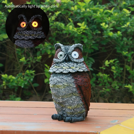 0207ba Resin Cartoon Owl Statue Outdoor Decor with Solar-Powered Glowing Eyes, Rotating Head, Ideal for Garden, Patio, Porch, Lawn, Festive Gifts for Christmas, Halloween, Hanukkah, Thanksgiving, Father's Day