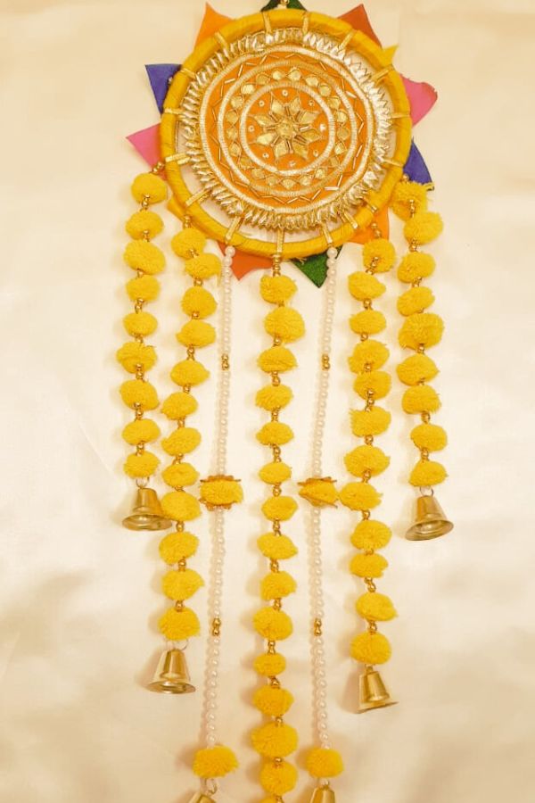 Door Hangings for Decoration Artificial Marigold Flower Wall Hanging with Rings and Bells for Decorations