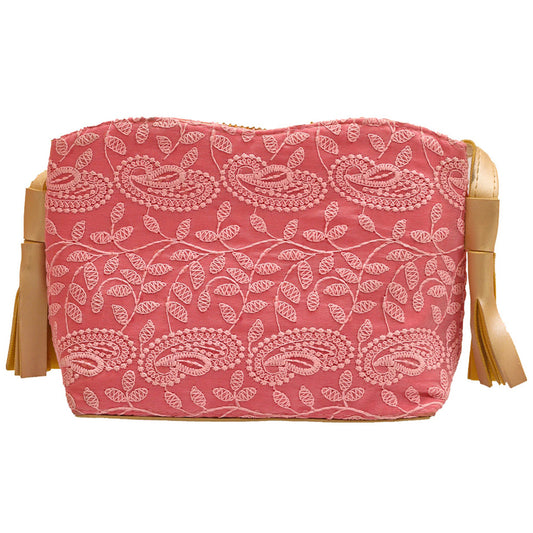 New Elegant Pink Bag With Amazing Chikankari Work And Brown Tassels For Ladies