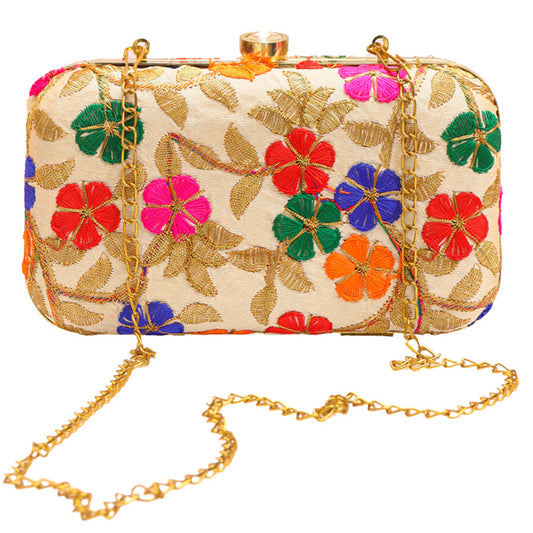 Gorgeous Floral Embroidered Clutch With Golden Chain Strap Bag For women's