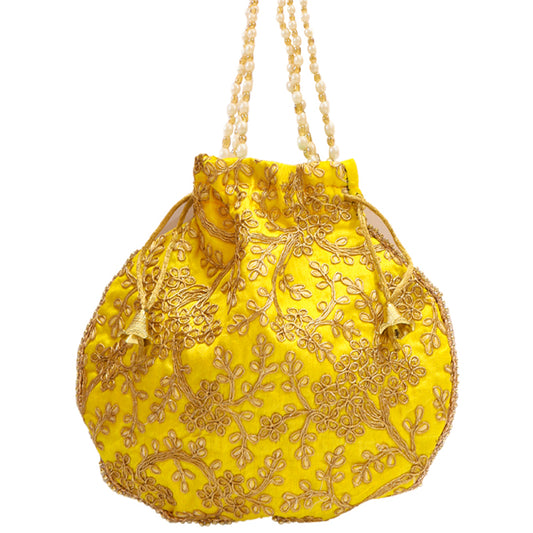 Wholesale Appealing Yellow Color Potli Bag With A Beaded Strap