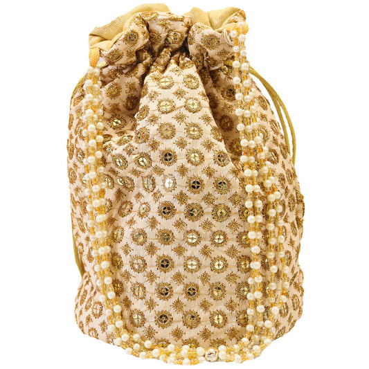 New Unique Style Traditional White And Golden Potli Bag With A Small Beaded Strap