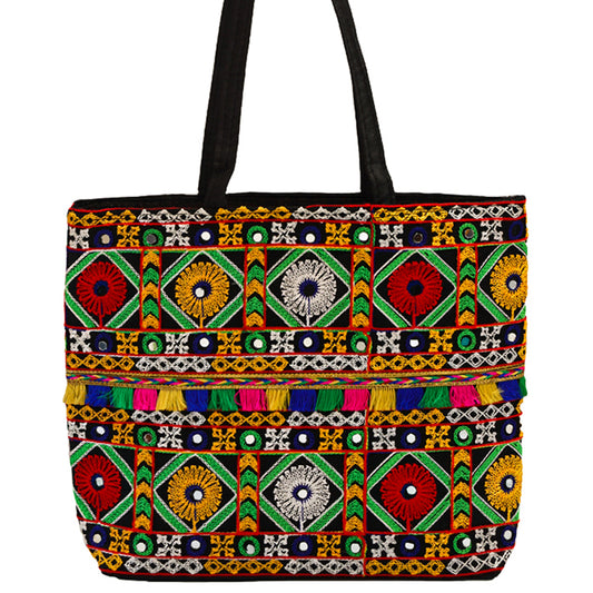 Stylish Handmade Black Tote Bag With Multicolor Embroidery Bag For Women's