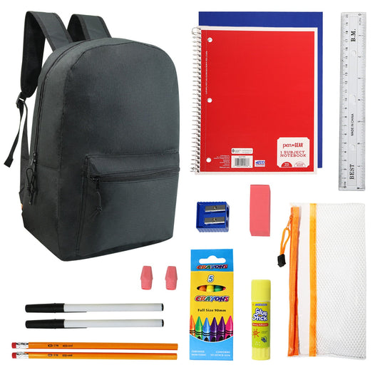 Buy 18 Piece Wholesale Basic School Supply Kit With 17" Backpack - Bulk Case of 12 Backpacks and Kits