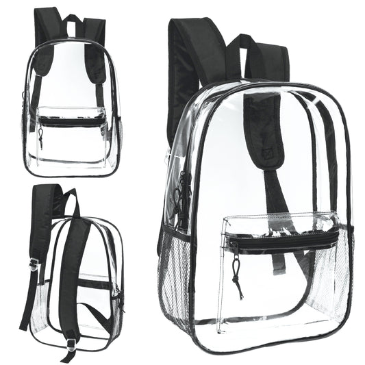 Buy 17" Transparent Wholesale Backpack in Black With Side Pocket - Bulk Case of 24
