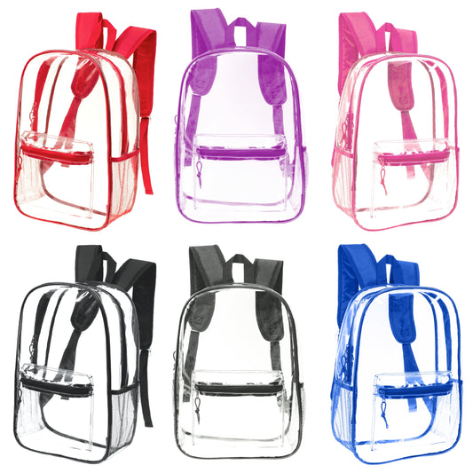 Buy 17" Transparent Wholesale Backpack in Assorted Colors With Side Pocket - Bulk Case of 24