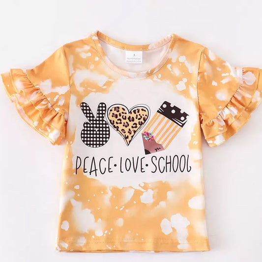 Hot Yellow Tie-Dyed Ruffle Short Sleeve Back-To-School Season T-shirt For Baby Girl