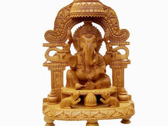 Bring Home Luck and Prosperity with Our Handcrafted Wooden Ganesh Statue Sitting Under Umbrella