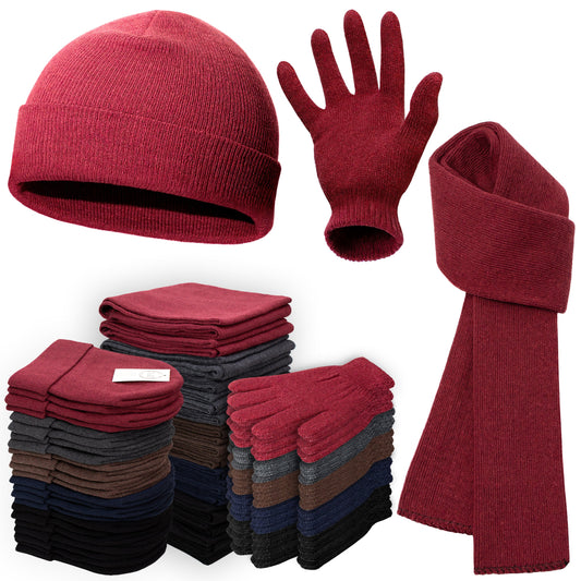 Buy 24 Set Wholesale Beanie, Glove and Scarf Bundle in 5 Assorted Colors - Bulk Case of 24 Beanies, 24 Pairs of Gloves, 24 Scarves