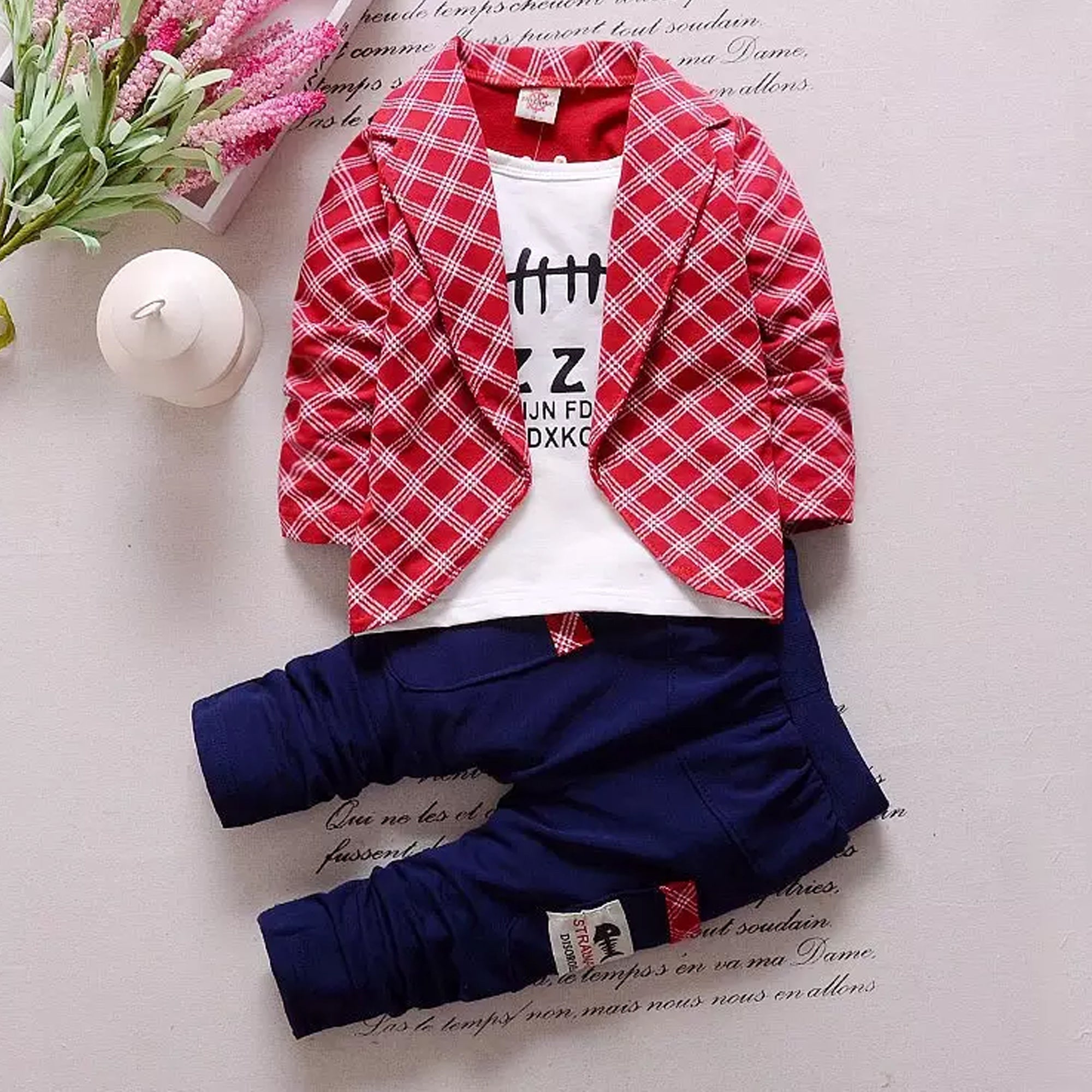 Boy's Cotton Blazer Attached T-Shirt with Pant Set -Green, Red, Gray