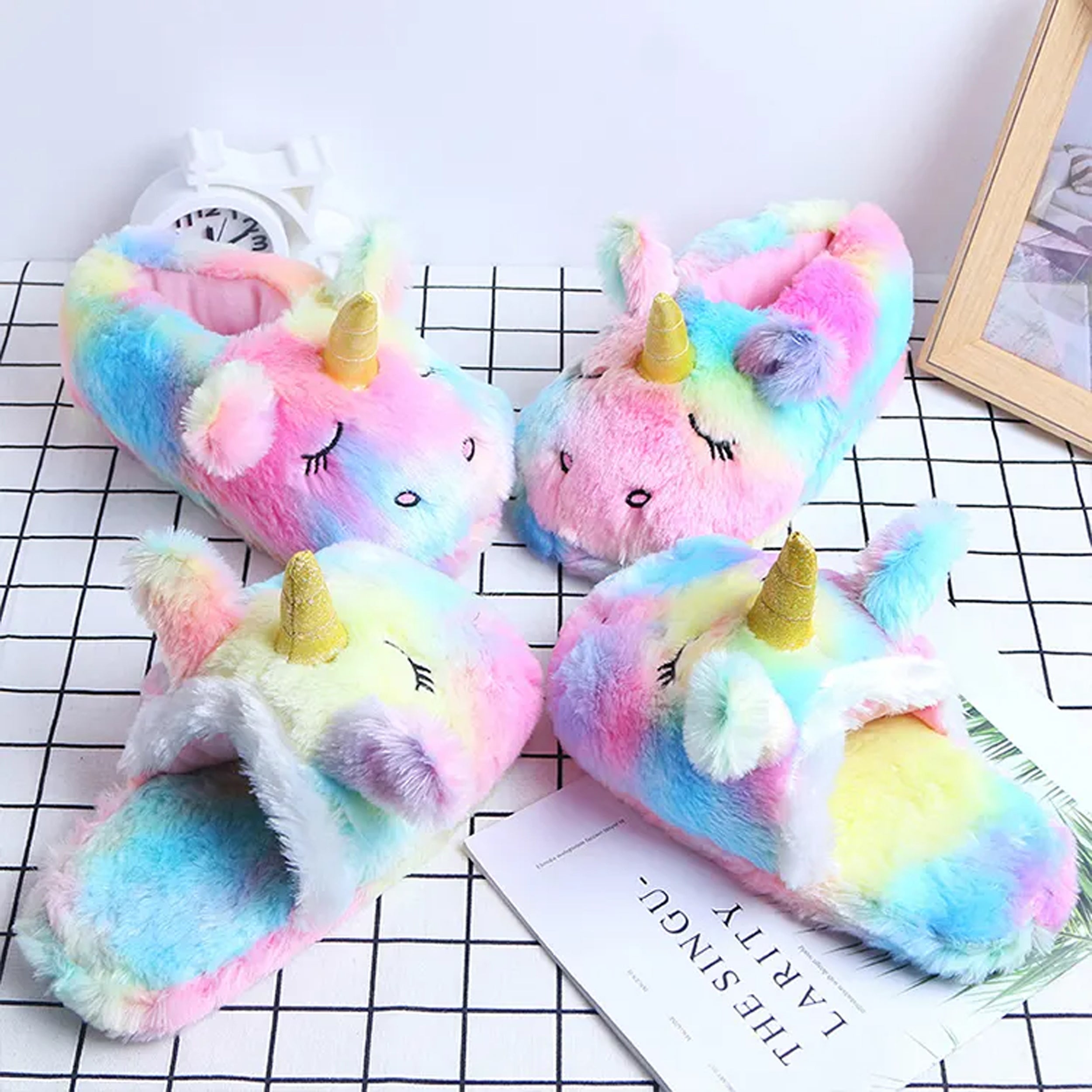 Rainbow Fluffy Fur Unicorn Animal with Sequins Plush Slippers - Perfect Gift for Girls and Kids