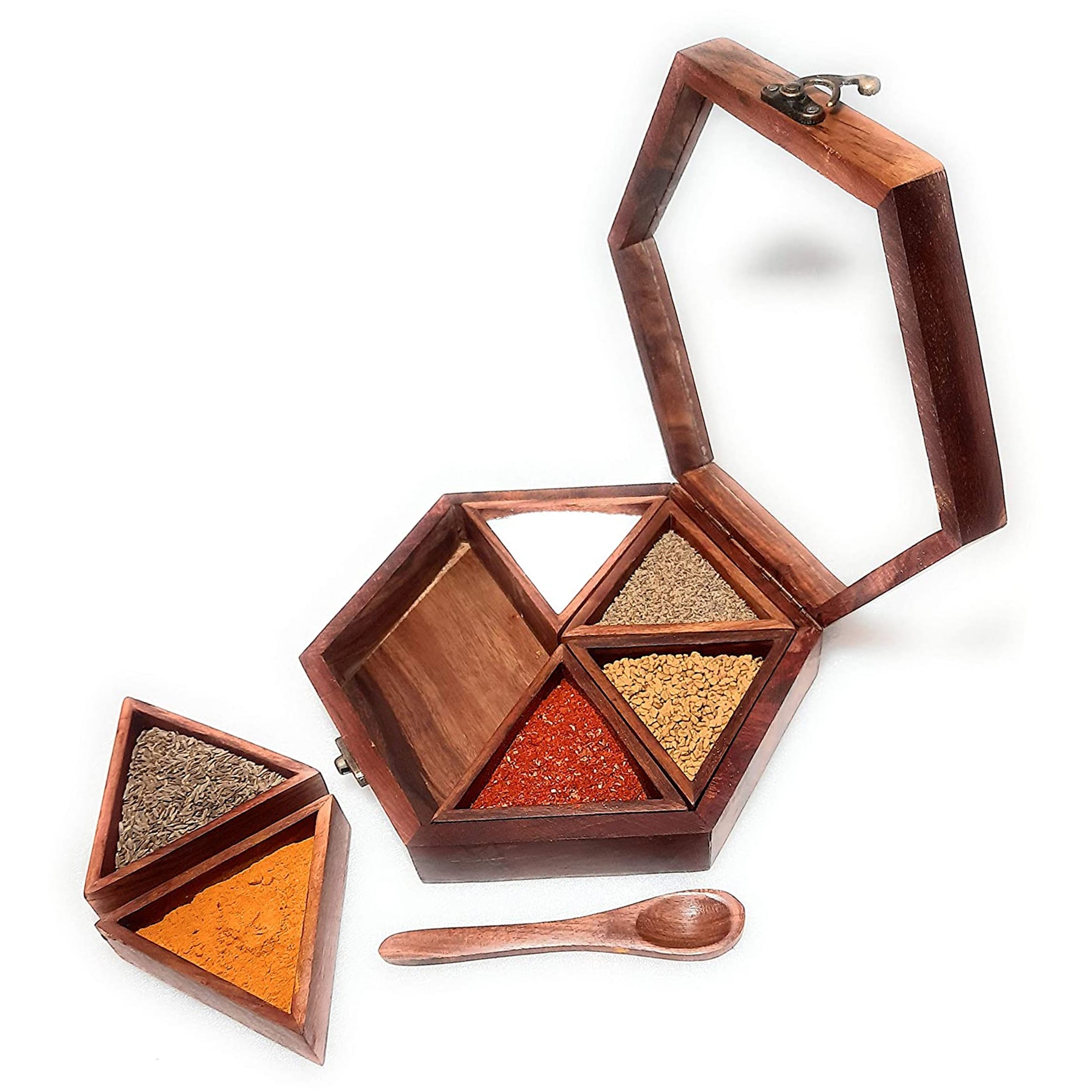 Organize Your Masalas in Style: Handmade Wooden Masala Spice Box with 6 Containers