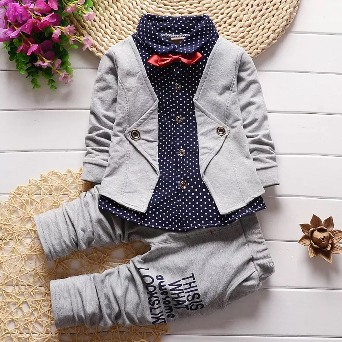 Boy's Cotton Blazer Attached Dot Print T-Shirt with Trouser Set-Gray, Blue, Red