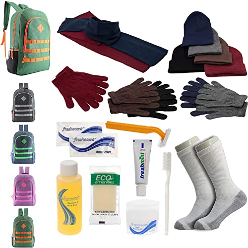 Buy Bulk Case of 12 Backpacks and 12 Winter Item Sets and 12 Toiletry Kits and 12 Socks - Wholesale Care Package - Emergencies, Homeless, Charity