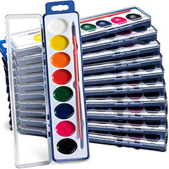 Wholesale Watercolor Paint Sets for Kids - Bulk Pack, 8 Washable Water Color Paints in Palette Tray and Painting Brush for Coloring, Art, Party Favors, Classrooms and Paint Party Supplies