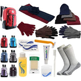 Buy Bulk Case of 12 Backpacks and 12 Winter Item Sets and 12 Toiletry Kits and 12 Socks - Wholesale Care Package - Emergencies, Homeless, Charity