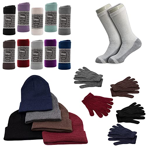 Buy Homeless Care Package Supplies - Bulk Case of 12 Winter Throw Blankets, 12 Winter Sets, and 12 Pairs of Socks