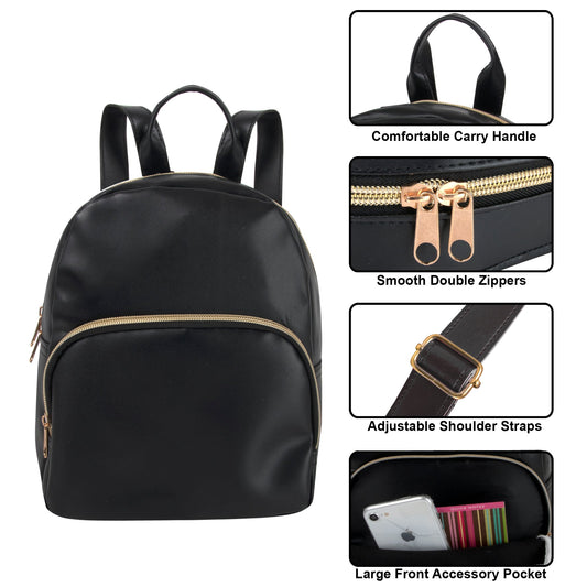Bulk Mini Backpack Black Vinyl With Front Dome Zipper Pocket For Girls
