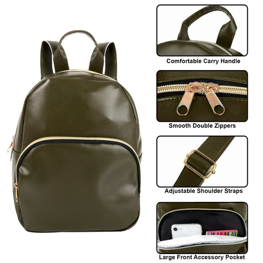 Mini 10 Inch Green Vinyl Backpack With Front Dome Zipper Pocket  (1 Case = 24 Pcs) 7.70$/PC