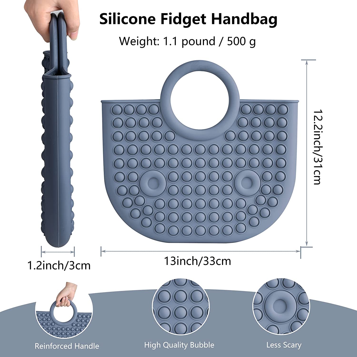 Grey Tote Bag Pop it Fidget Handbag Dimensions