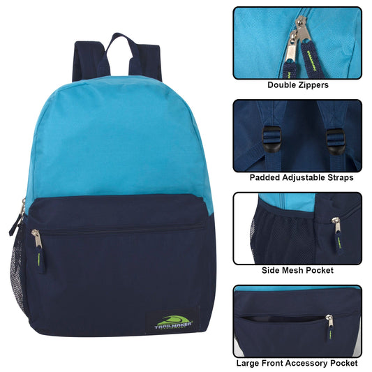18 Inch Two Tone Backpack with Side Mesh Pocket - 4 Colors ( 1 Case=24Pcs) 5.25$/PC