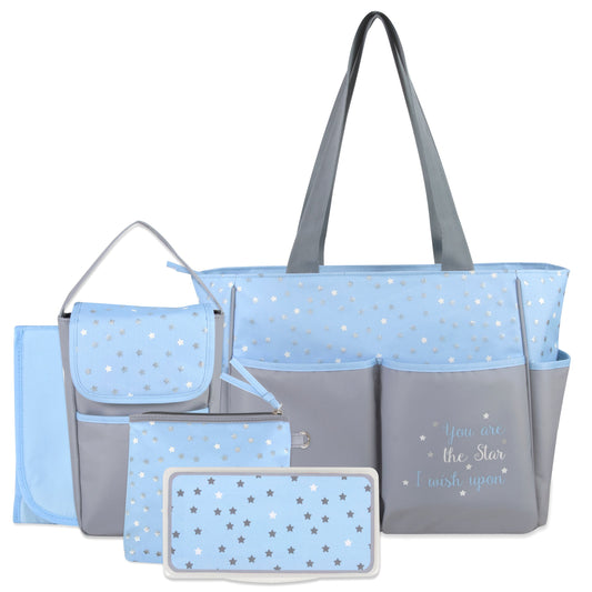 Diaper Bag Tote 5 Piece Set with Sun, Moon, and Stars, Wipes Pocket, Dirty Diaper Pouch, Changing Pad - Grey/Blue( 1 Case= 12Pcs) 29.4$/pc