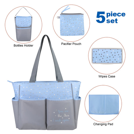 Diaper Bag Tote 5 Piece Set with Sun, Moon, and Stars, Wipes Pocket, Dirty Diaper Pouch, Changing Pad - Grey/Blue( 1 Case= 12Pcs) 29.4$/pc