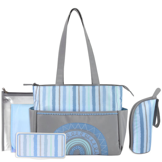 Baby Essentials Diaper Bag Tote 5 Piece Set Blue Rainbow Themed (1 Case = 12Pcs) 25.8$/PC