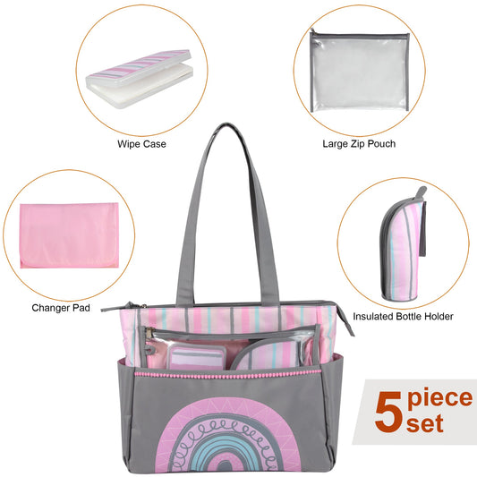Baby Essentials Diaper Bag Tote 5 Piece Set Pink Rainbow Themed ( 1 Case=12Pcs) 25.9$/PC