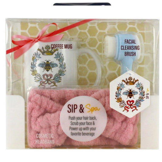Sip and Spa 3 Piece Gift Set with Coffee Mug Cosmetic Headband and Facial Cleaning Brush