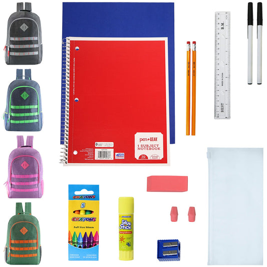 Buy 18 Piece Wholesale Basic School Supply Kit With 19" Backpack - Bulk Case of 12 Backpacks and Kits