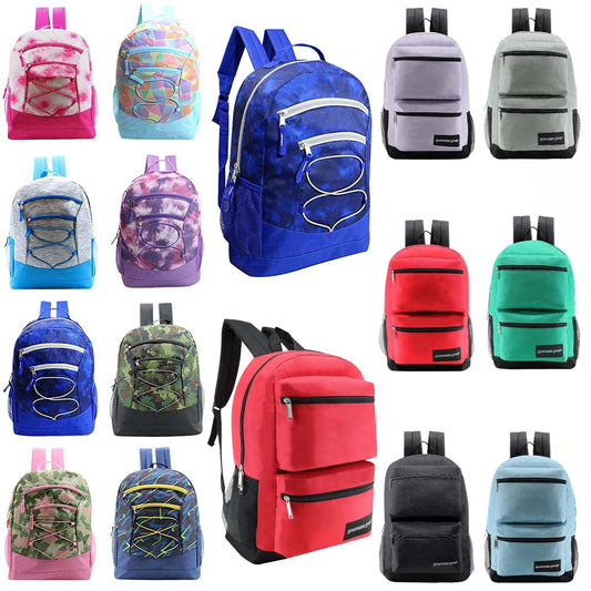 Buy 24 Pack of 17" Bungee and Deluxe Wholesale Backpack in Assorted Color and Prints - Bulk Case of 24