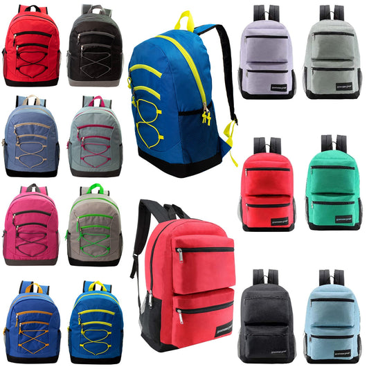 Buy 24 Pack of 17" Deluxe and Bungee Wholesale Backpack in Assorted Colors - Bulk Case of 24
