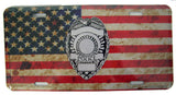 Wholesale AMERICAN FLAG POLICE BADGE METAL LICENSE PLATE ( sold by the piece or dozen )