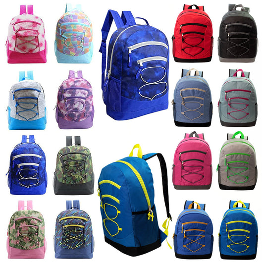 Buy 24 pack 17" Bungee Deluxe Wholesale Backpack in Assorted Colors - Bulk Case of 24