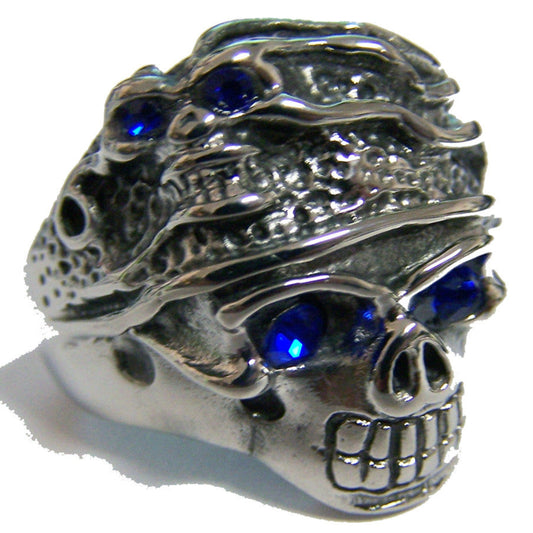 Wholesale Blue Eyes Skeleton With Skull Head Hat Steel Biker Ring