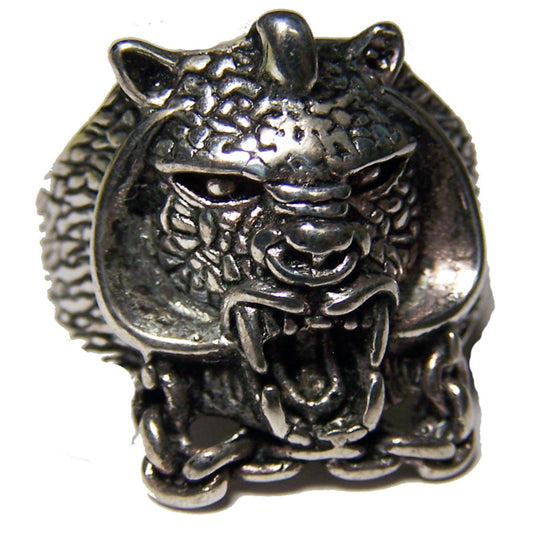Wholesale Armored Tiger Head with Chain Biker Ring Sterling Silver Plated, Assorted Sizes(Sold by the piece) * CLOSEOUT 3.75 ea