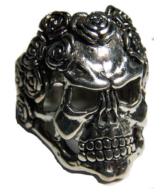 Wholesale SKULL WITH ROSE HAIR BIKER RING (Sold by the piece)