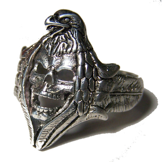 Wholesale Indian Skull with Eagle Hat & Feather Sides Biker Ring (Sold by the Piece)